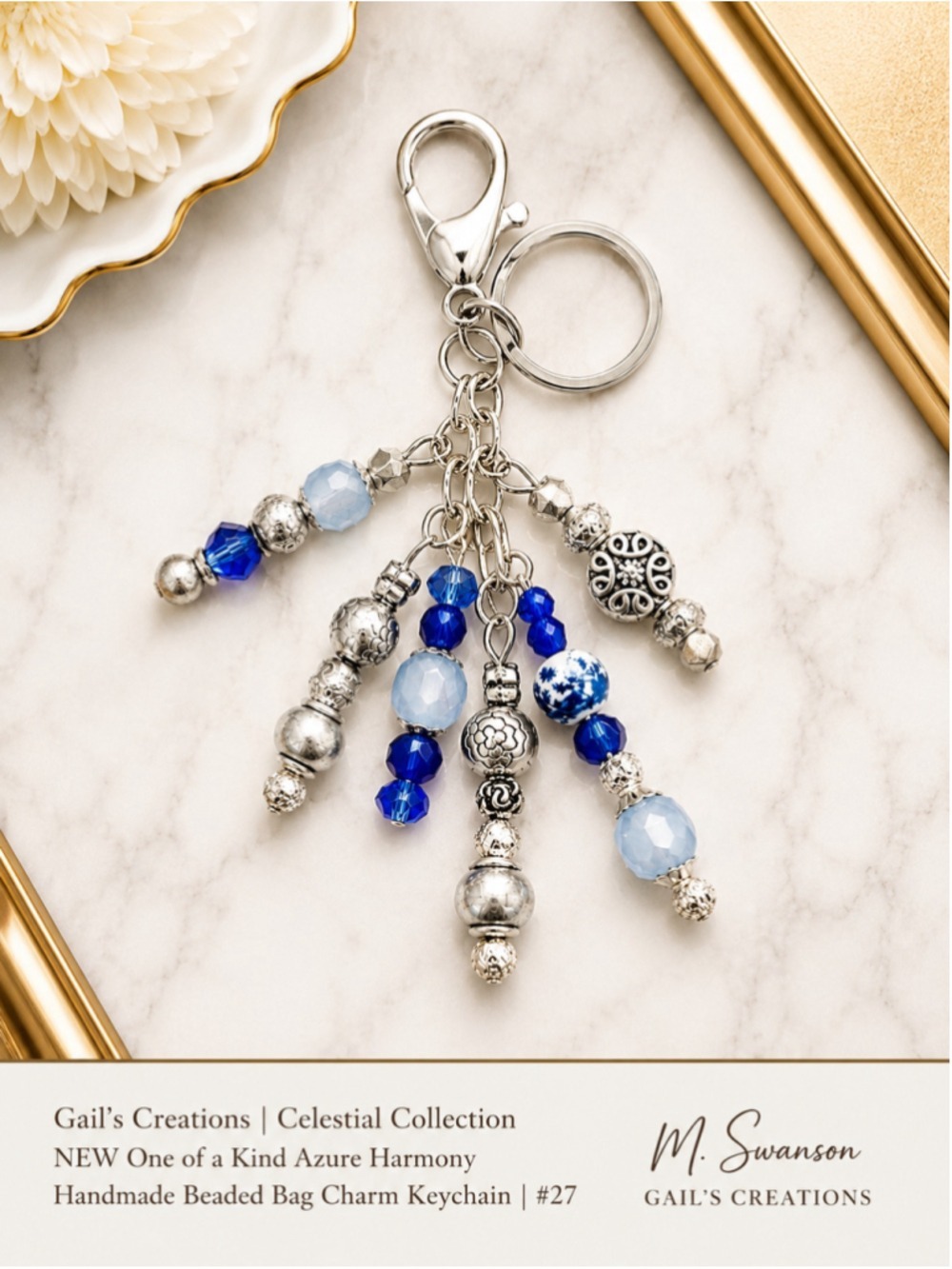 NEW One of a Kind Azure Harmony Handmade Beaded Bag Charm Keychain (#27)